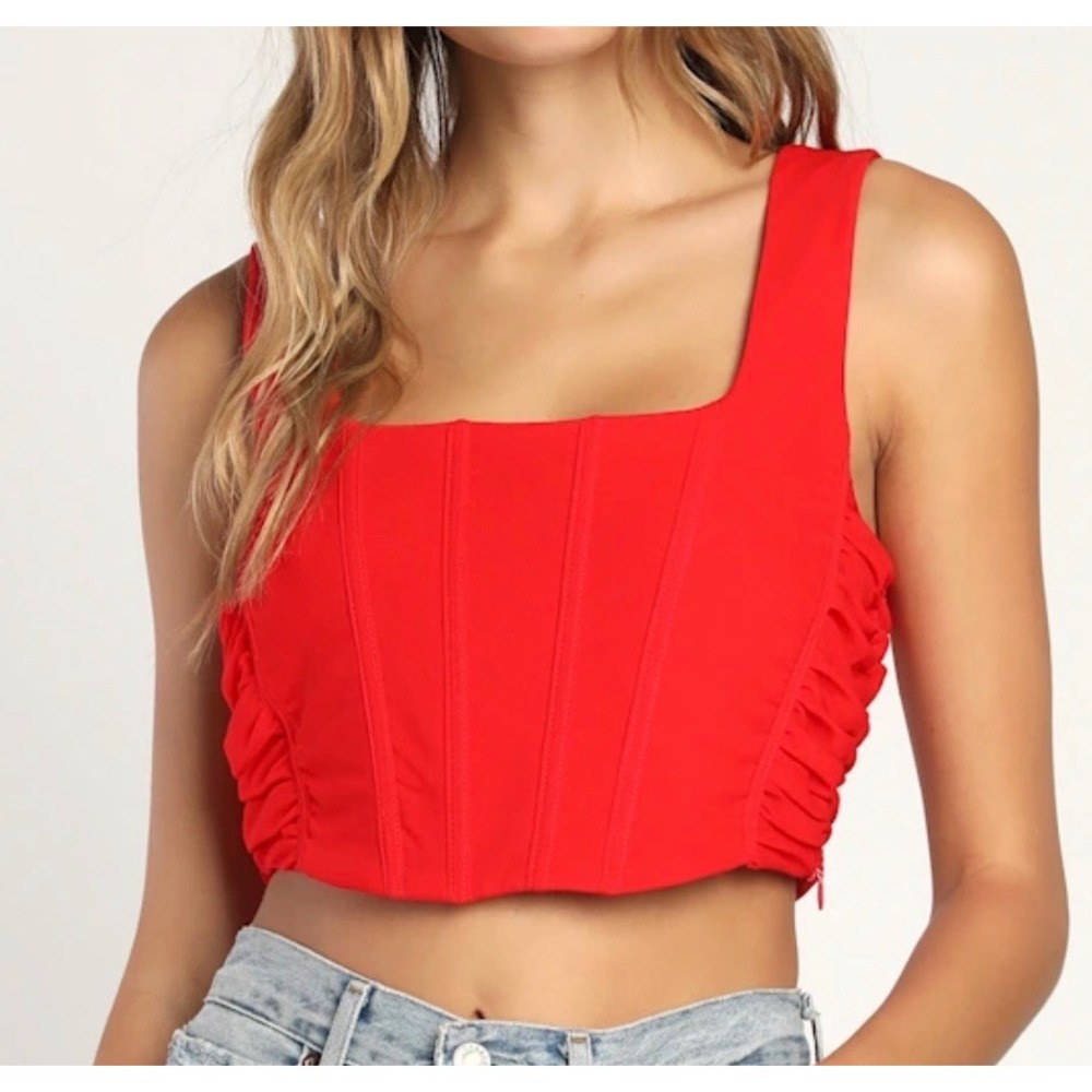 Lulus Red Square Neck Ruched Corset‎ Crop Top Size S